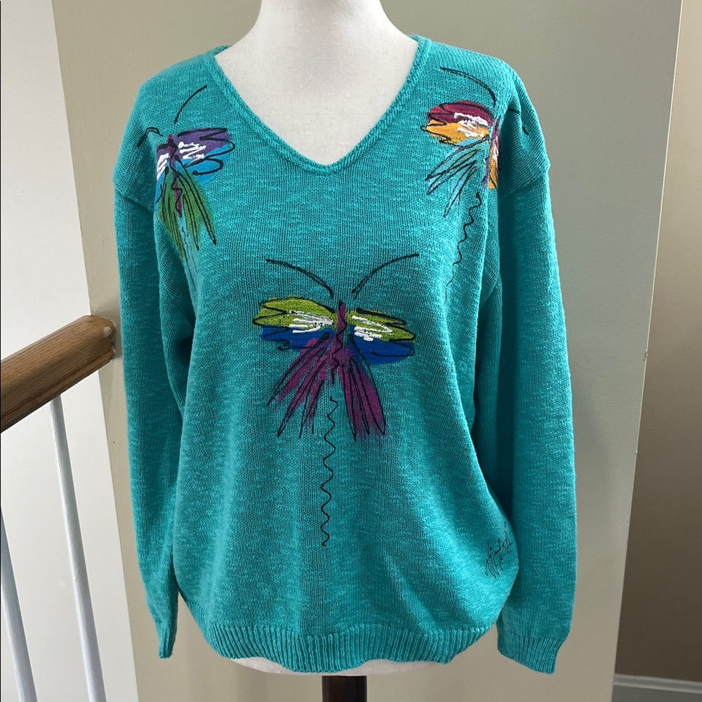 Victoria Hand Painted Dragonfly Teal Knit Cotton Top Size M/L